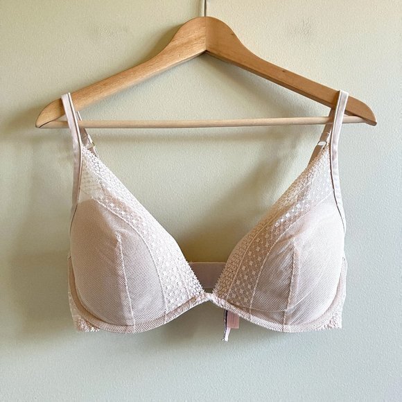 Victoria’s Secret Plunge Bra Nude Womens Size 34DD Blush‎ Pink Lace - Picture 1 of 4